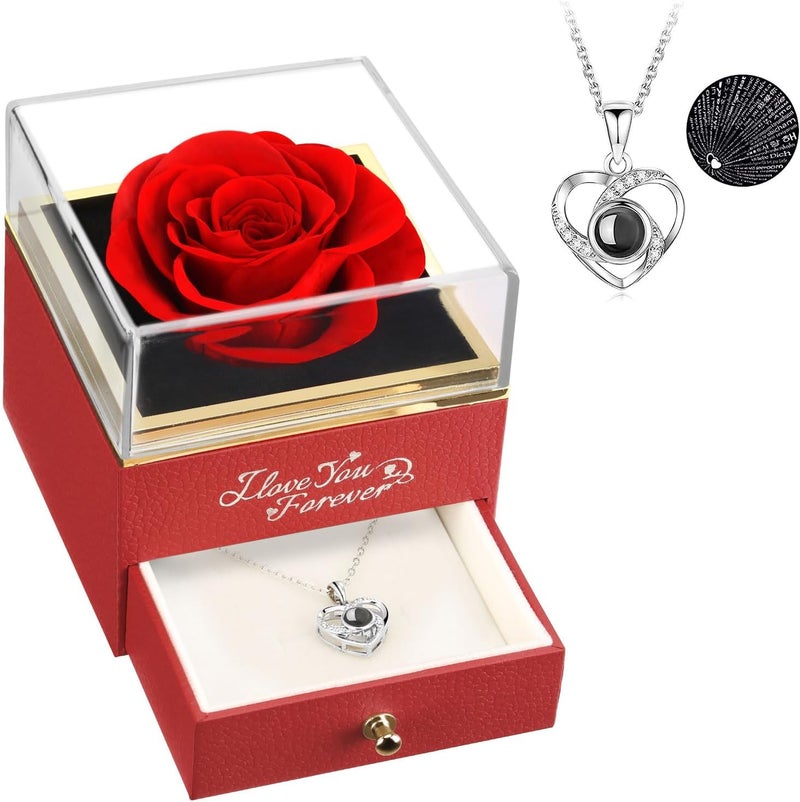 ASELFAD Preserved Flowers Real Red Rose with I Love You Necklace - Eternal Rose Gifts for Her at Valentine's Day, Anniversary or Birthday Gifts for Women - Image 1